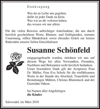 Traueranzeige von Susanne Schönfeld  von Magdeburger Volksstimme