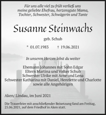 Traueranzeige von Susanne Steinwachs (geb. Schub)  von Magdeburger Volksstimme