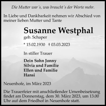 Traueranzeige von Susanne Westphal (geb. Schaper)  von Magdeburger Volksstimme