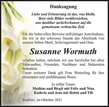 Traueranzeige von Susanne Wormuth  von Magdeburger Volksstimme