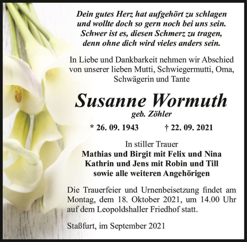  Traueranzeige für Susanne Wormuth (geb. Zöhler)  vom 02.10.2021 aus Magdeburger Volksstimme