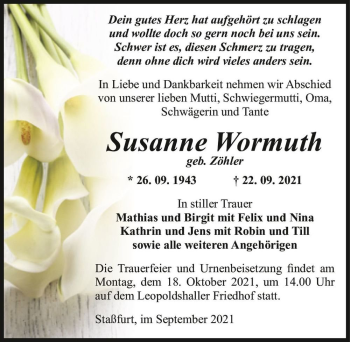 Traueranzeige von Susanne Wormuth (geb. Zöhler)  von Magdeburger Volksstimme