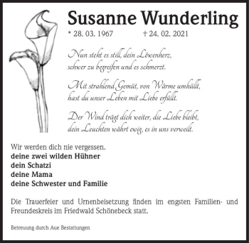 Traueranzeige von Susanne Wunderling  von Magdeburger Volksstimme