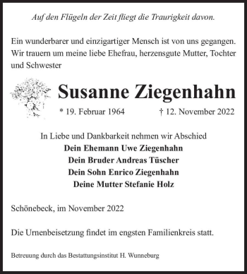 Traueranzeige von Susanne Ziegenhahn  von Magdeburger Volksstimme