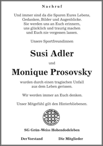 Traueranzeige von Susi Adler und Monique Prosovsky  von Magdeburger Volksstimme