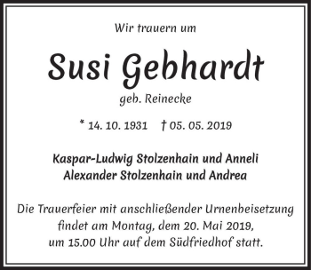 Traueranzeige von Susi Gebhardt (geb. Reinecke)  von Magdeburger Volksstimme
