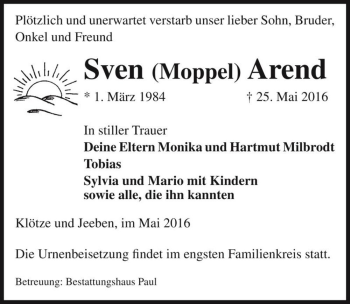 Traueranzeige von Sven (Moppel) Arend  von Magdeburger Volksstimme
