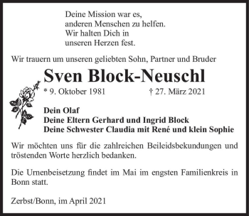 Traueranzeige von Sven Block-Neuschl  von Magdeburger Volksstimme