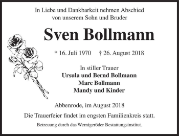 Traueranzeige von Sven Bollmann  von Magdeburger Volksstimme