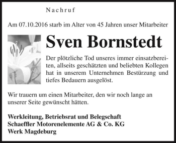 Traueranzeige von Sven Bornstedt  von Magdeburger Volksstimme