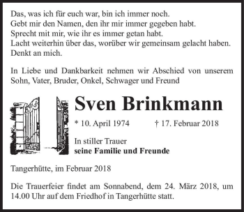 Traueranzeige von Sven Brinkmann  von Magdeburger Volksstimme