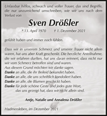 Traueranzeige von Sven Drößler  von Magdeburger Volksstimme