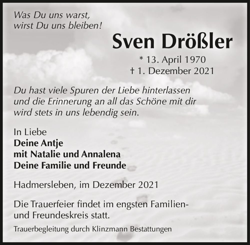  Traueranzeige für Sven Drößler  vom 11.12.2021 aus Magdeburger Volksstimme