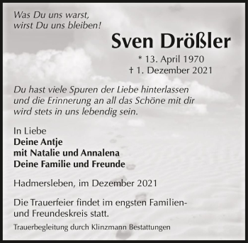 Traueranzeige von Sven Drößler  von Magdeburger Volksstimme