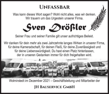 Traueranzeige von Sven Drößler  von Magdeburger Volksstimme