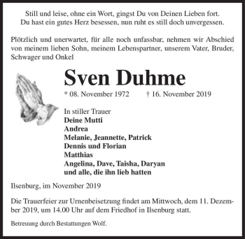 Traueranzeige von Sven Duhme  von Magdeburger Volksstimme