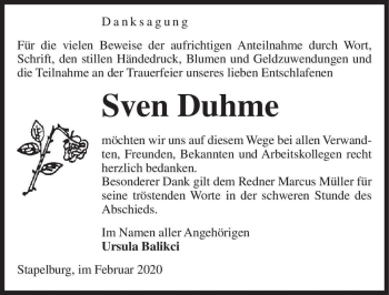Traueranzeige von Sven Duhme  von Magdeburger Volksstimme