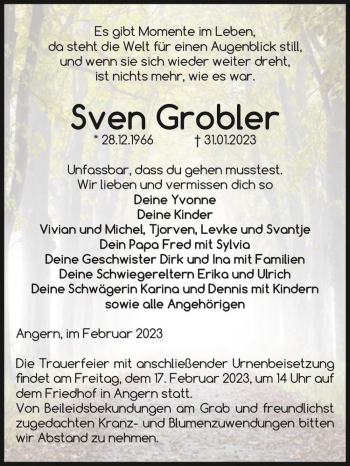 Traueranzeige von Sven Grobler  von Magdeburger Volksstimme