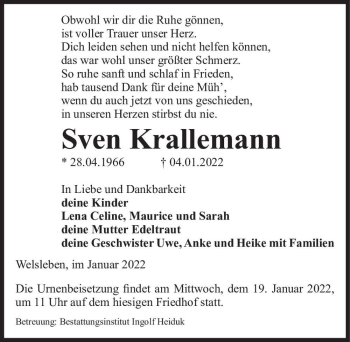 Traueranzeige von Sven Krallemann  von Magdeburger Volksstimme