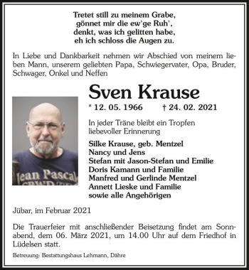 Traueranzeige von Sven Krause  von Magdeburger Volksstimme