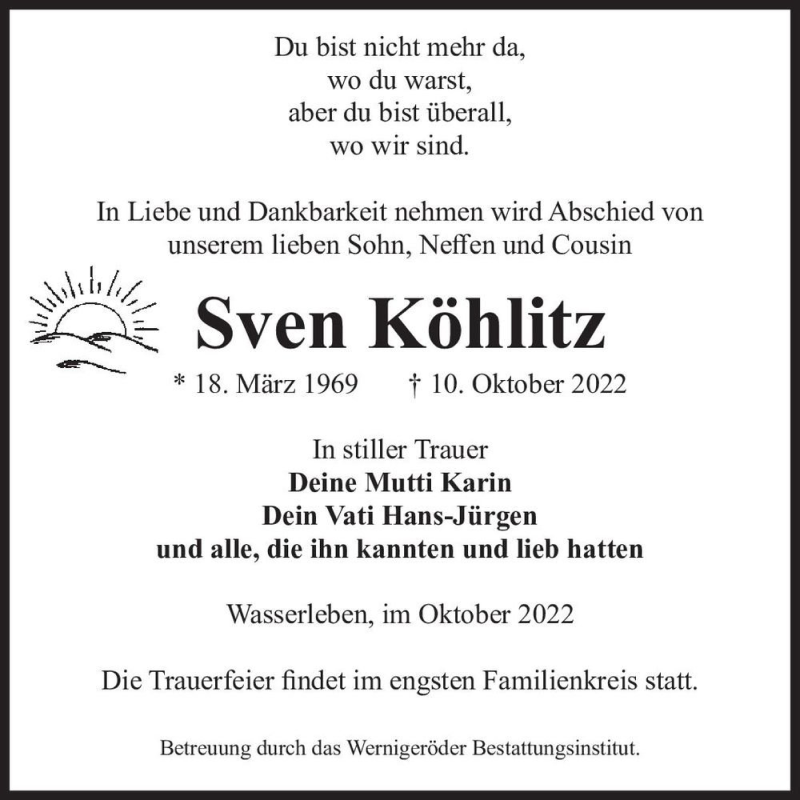  Traueranzeige für Sven Köhlitz  vom 15.10.2022 aus Magdeburger Volksstimme
