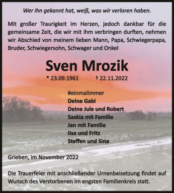 Traueranzeige von Sven Mrozik  von Magdeburger Volksstimme