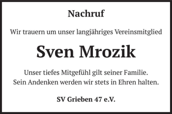 Traueranzeige von Sven Mrozik  von Magdeburger Volksstimme