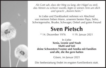 Traueranzeige von Sven Pietsch  von Magdeburger Volksstimme