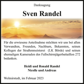 Traueranzeige von Sven Randel  von Magdeburger Volksstimme