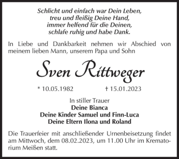 Traueranzeige von Sven Rittweger  von Magdeburger Volksstimme