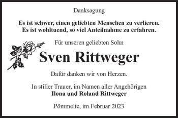 Traueranzeige von Sven Rittweger  von Magdeburger Volksstimme