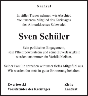 Traueranzeige von Sven Schüler  von Magdeburger Volksstimme