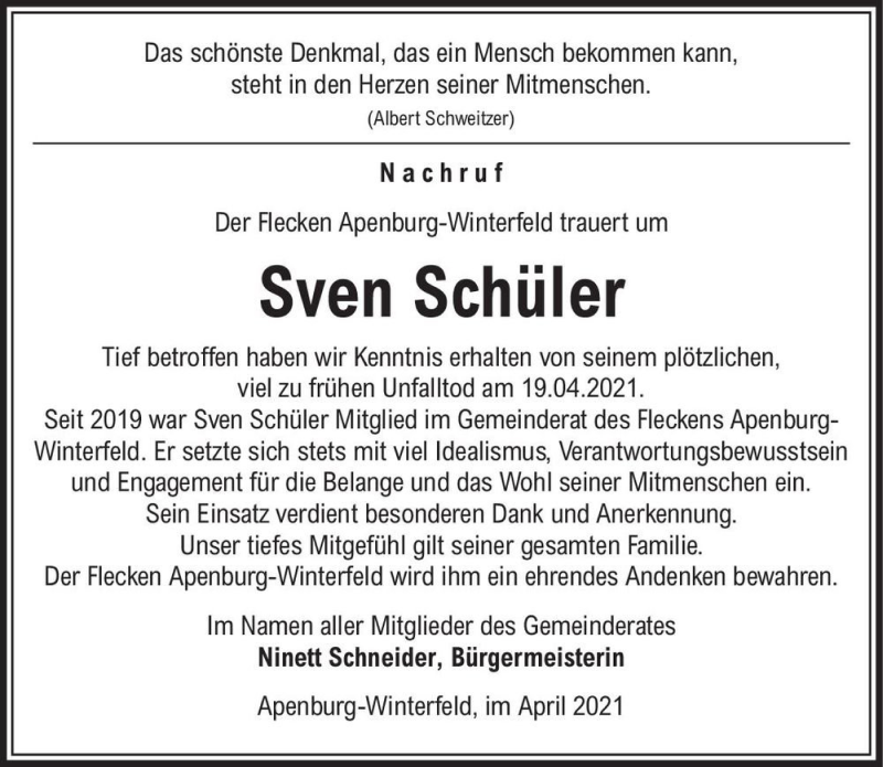  Traueranzeige für Sven Schüler  vom 29.04.2021 aus Magdeburger Volksstimme