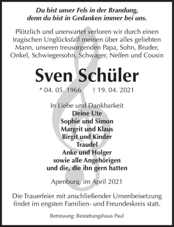 Traueranzeige von Sven Schüler  von Magdeburger Volksstimme