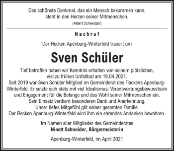 Traueranzeige von Sven Schüler  von Magdeburger Volksstimme