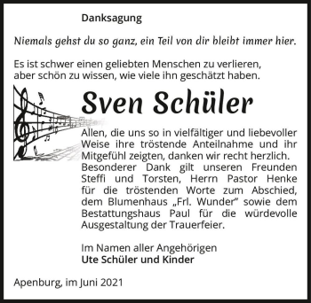 Traueranzeige von Sven Schüler  von Magdeburger Volksstimme