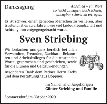 Traueranzeige von Sven Striebing  von Magdeburger Volksstimme