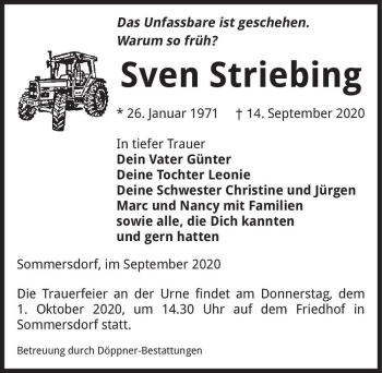Traueranzeige von Sven Striebing  von Magdeburger Volksstimme