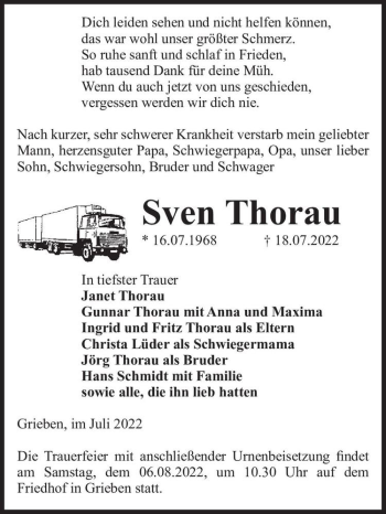 Traueranzeige von Sven Thorau  von Magdeburger Volksstimme