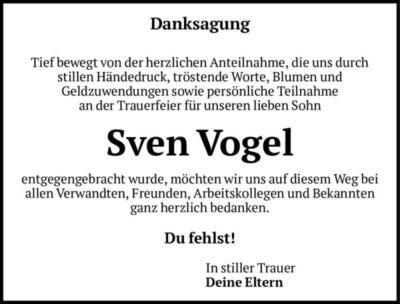  Traueranzeige für Sven Vogel  vom 25.08.2018 aus Magdeburger Volksstimme