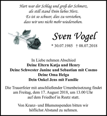 Traueranzeige von Sven Vogel  von Magdeburger Volksstimme