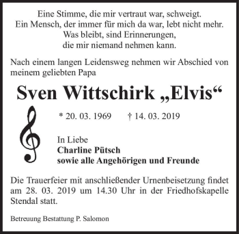 Traueranzeige von Sven Wittschirk ,,Elvis