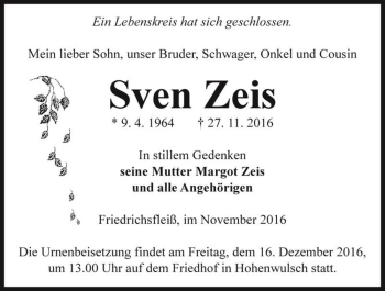 Traueranzeige von Sven Zeis  von Magdeburger Volksstimme