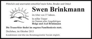 Traueranzeige von Swen Brinkmann  von Magdeburger Volksstimme