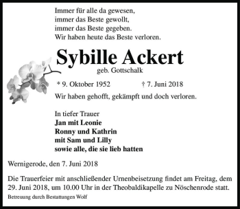 Traueranzeige von Sybille Ackert (geb. Gottschalk)  von Magdeburger Volksstimme