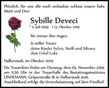 Traueranzeige von Sybille Deveci  von Magdeburger Volksstimme