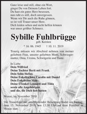 Traueranzeige von Sybille Fuhlbrügge (geb. Kersten)  von Magdeburger Volksstimme
