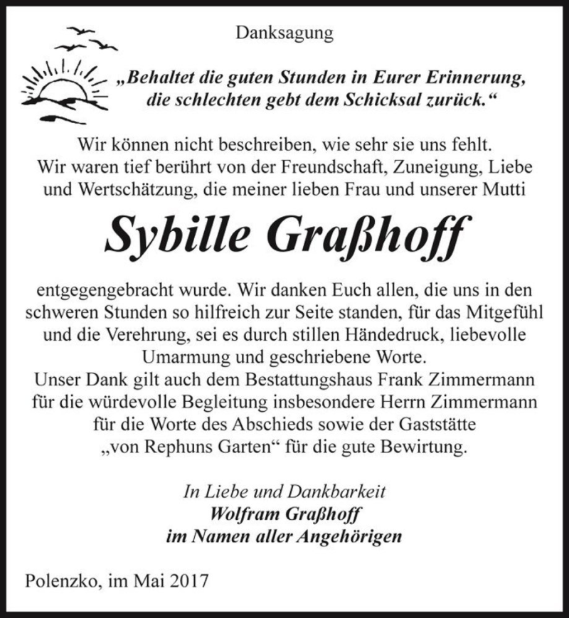  Traueranzeige für Sybille Graßhoff  vom 27.05.2017 aus Magdeburger Volksstimme