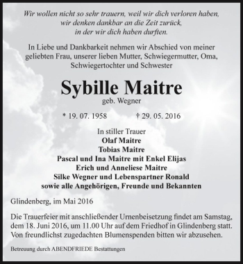 Traueranzeige von Sybille Maitre (geb. Wegner)  von Magdeburger Volksstimme
