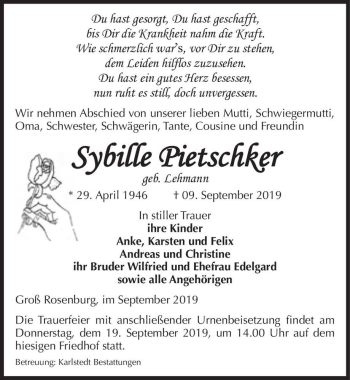 Traueranzeige von Sybille Pietschker (geb. Lehmann)  von Magdeburger Volksstimme